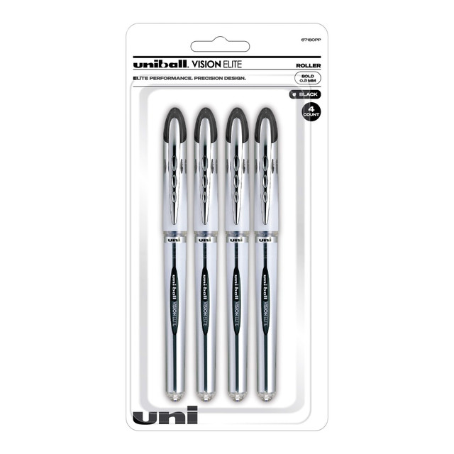 NEWELL BRANDS INC. 67180 uni-ball Vision Elite Liquid Ink Rollerball Pens, Bold Point, 0.8 mm, White Barrel, Black Ink, Pack Of 4