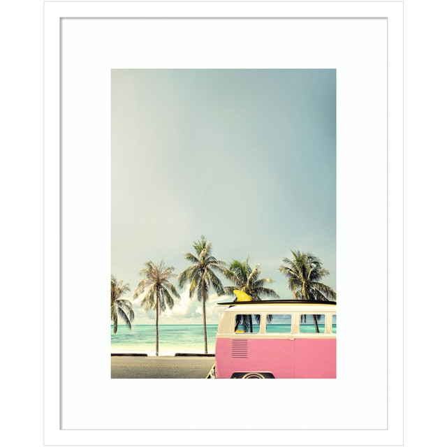 UNIEK INC. A42704814447 Amanti Art Surf Bus Pink (Beach) by Design Fabrikken Wood Framed Wall Art Print, 17inW x 21inH, White