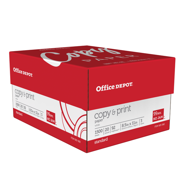 OFFICE DEPOT 1008  Multi-Use Printer & Copy Paper, White, Letter (8.5in x 11in), 1500 Sheets Per Case, 20 Lb, 92 Brightness, Case Of 3 Reams