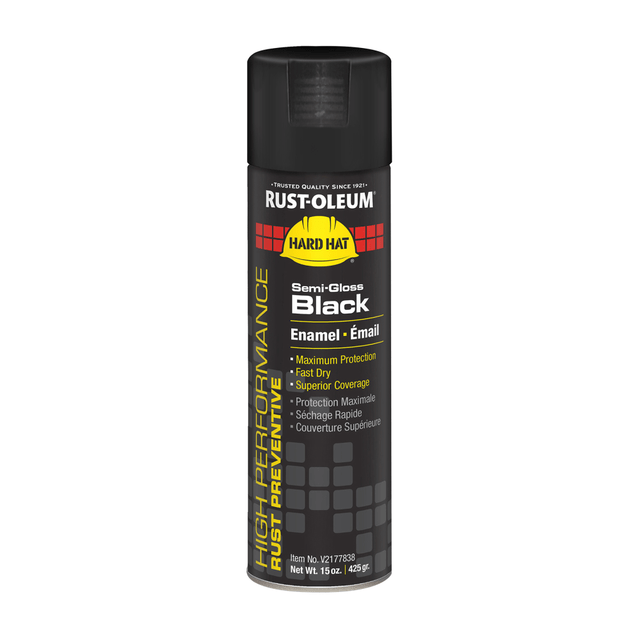 RUST-OLEUM CORPORATION Rust-Oleum V2177838  Hard Hat High Performance V2100 System Rust Preventive Enamel Spray Paint, 15 Oz, Semi-Gloss Black, Case Of 6 Cans