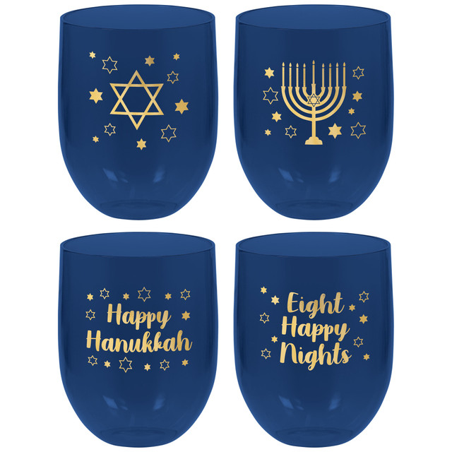 AMSCAN 350578  350578 Hanukkah Stemless Drinking Glasses, 15.2 Oz, Blue, Set Of 4 Glasses