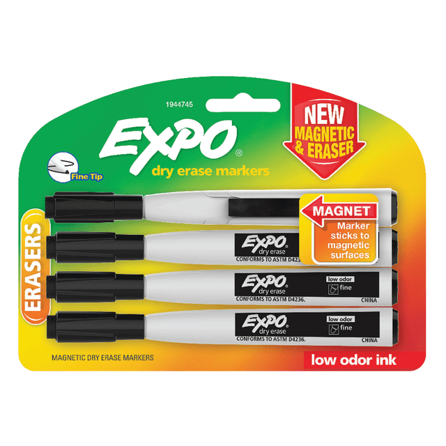 NEWELL BRANDS INC. 1944745 EXPO Magnetic Dry Erase Markers With Eraser, Fine Tip, Black Ink, Pack Of 4