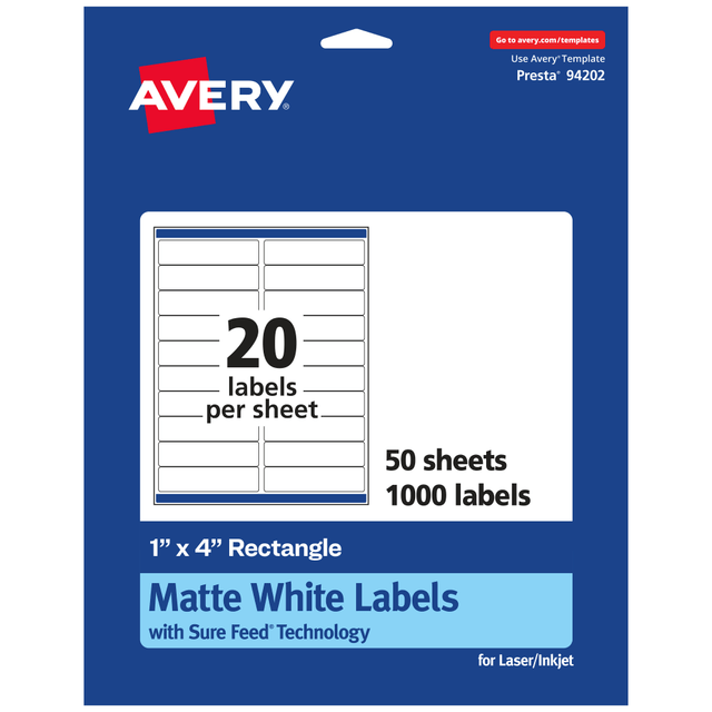 AVERY PRODUCTS CORPORATION 94202-WMP50 Avery Permanent Labels With Sure Feed, 94202-WMP50, Rectangle, 1in x 4in, White, Pack Of 1,000 AVERY PRODUCTS CORPORATION 94202-WMP50 Avery Permanent Labels With Sure Feed, 94202-WMP50, Rectangle, 1in x 4in, White, Pack Of 1,000