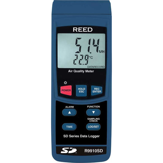 REED Instruments R9910SD Natural Gas, Carbon Monoxide & Refrigerant Detectors; Detector Type: Air Quality Meter ; Display Type: 4-Digit LCD; Dual Display ; Function: Measures Oxygen (O2), Carbon Dioxide (CO2), Carbon Monoxide (CO), Temperature & Humi