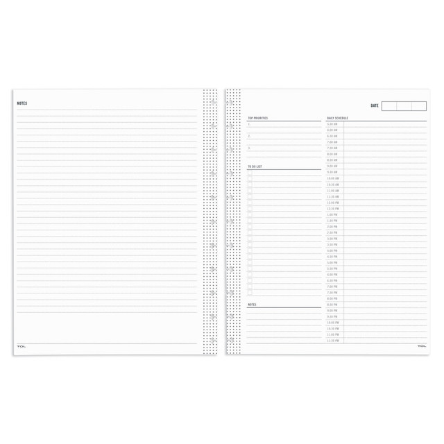 Lay out your plans for each day in your TUL notebook with these refill pages. They are timed and offer areas for lists and priorities, so its easy to manage your schedule.  2 pages per day.  Appointments run from 5:30 a.m. to 11:30 p.m. in 30-minute increments.  Undated design makes it easy to find a starting point.  Contains sections for top priorities, to-do list, and notes.  Sheets are punched with 11 holes for easy insertion.  Compatible with most TUL custom note-taking system discbound letter-size notebooks (sold separately).