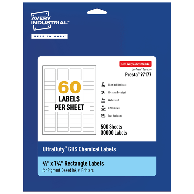AVERY PRODUCTS CORPORATION 97177-WMUI500 Avery Ultra Duty Permanent GHS Chemical Labels, 97177-WMUI500, Rectangle, 2/3in x 1-3/4in, White, Pack Of 30,000 AVERY PRODUCTS CORPORATION 97177-WMUI500 Avery Ultra Duty Permanent GHS Chemical Labels, 97177-WMUI500, Rectangle, 2/3in x 1-3/4in, White, Pack Of 30,000