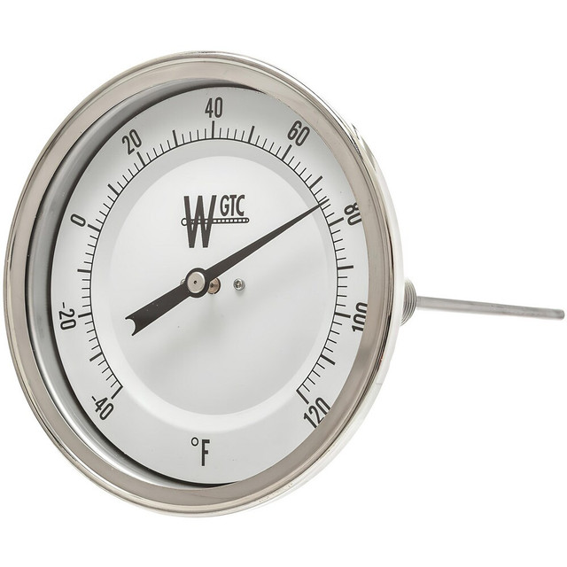 WGTC 5AA06E02 Bimetal & Dial Thermometers; Accuracy (%): 1.00 ; Connection Location: Adjustable ; Mount: Adjustable ; Lens Material: Glass ; Mounting Location: Pipe ; Stem Length: 6 (Inch)