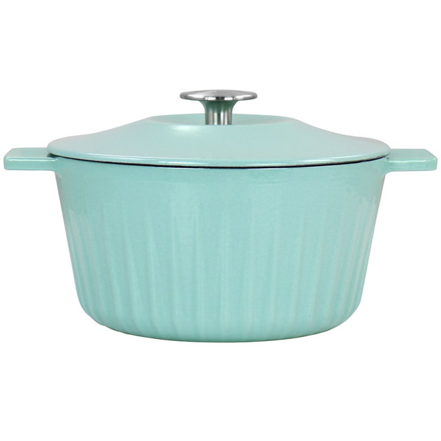 Cook and bake tasty meals and treats for your friends and family with this Martha Stewart Enameled Embossed Cast Iron Dutch Oven. This Dutch oven features a nonstick surface so you can easily take your food out while leaving less mess to clean.  Made of enameled cast iron for durability.  Embossed outer stripe design adds a sleek look.  Nonstick surface for easy cleanup.  Oven safe up to 500 deg.F.  Distributes heat evenly.  Compatible with gas, electric, glass, oven and induction stove tops.  Hand wash only.