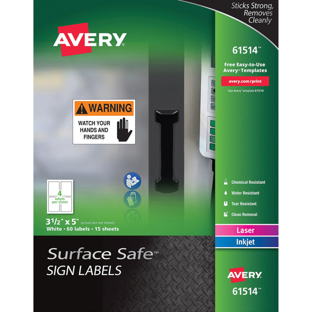 AVERY PRODUCTS CORPORATION Avery AVE61514  Surface Safe Sign Labels, 3 1/2in x 5in, Square, Pack Of 60