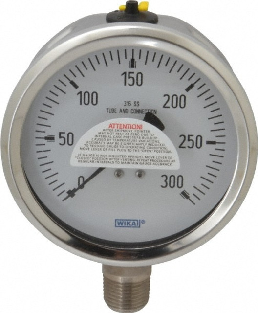 Wika 9768572 Pressure Gauge: 4" Dial, 0 to 300 psi, 1/2" Thread, NPT, Lower Mount