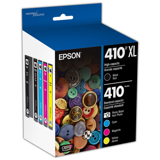 Compatible Epson models: Expression : Premium XP-530, Premium XP-630, Premium XP-640, Premium XP-830, Premium XP-7100.  .  For high quality results, each and every time!  Long-lasting photos - more than 200 years in an album.  High-capacity ink cartridges for high-volume printing.  Brilliant photos.  sharp text.  stunning, frame-worthy prints.  Convenient individual ink cartridges  Pack includes a total of 5 cartridges. Includes 1 high-yield black cartridge (410XL), and 4 standard-yield cartridges (410) photo black, cyan, magenta and yellow.  Helps Avoid Waste - Designed for extended use, helping reduce or eliminate material use and potentially save money.  Recycling solution - designed to encourage recycling, helping you divert materials from landfill.