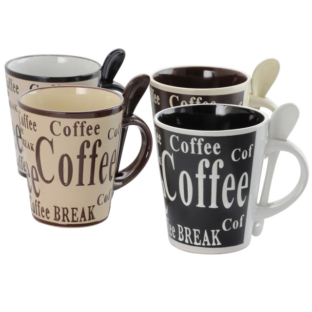 GIBSON OVERSEAS INC. Mr. Coffee 99583965M  Mug And Spoon Set, Bareggio, 12 Oz., Taupe/Black, Set Of 4 Mugs With Matching Spoons