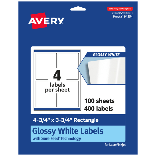 AVERY PRODUCTS CORPORATION 94254-WGP100 Avery Glossy Permanent Labels With Sure Feed, 94254-WGP100, Rectangle, 4-3/4in x 3-3/4in, White, Pack Of 400 AVERY PRODUCTS CORPORATION 94254-WGP100 Avery Glossy Permanent Labels With Sure Feed, 94254-WGP100, Rectangle, 4-3/4in x 3-3/4in, White, Pack Of 400