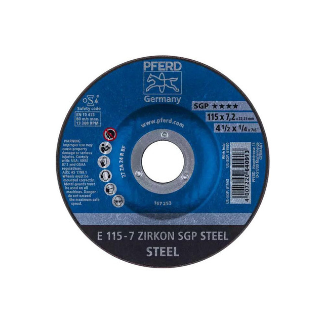 PFERD 62211737 Depressed Grinding Wheel:  Type 27,  4-1/2" Dia,  1/4" Thick,  7/8" Hole,  Zirconia Alumina