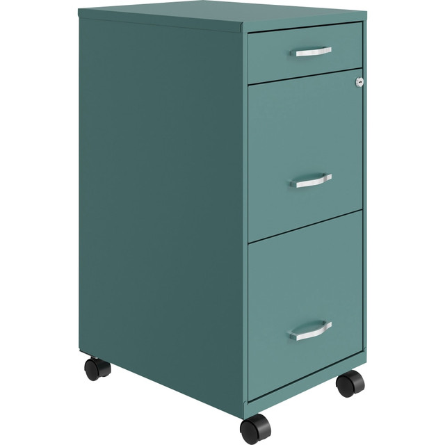LORELL LYS VF318BMTL  SOHO Mobile File Cabinet - 14.3in x 18in x 29.5in - 3 x Drawer(s) for File, Accessories - Letter - Vertical - Glide Suspension, Locking Drawer, Recessed Handle, Mobility, Casters - Teal - Baked Enamel - Steel - Recycled