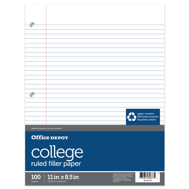 Office Depot brand notebook filler paper is great for taking notes and jotting down reminders. This college-ruled notebook paper is also punched, so you can organize it in your binder for easy reference.  Notebook paper is college-ruled for precise writing.  Hole-punched Office Depot filler paper adds convenience.  3-hole-punched paper comes in a pack of 100 sheets.  Contains Recycled Content - See Specs for Details.