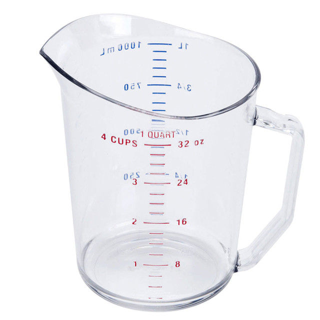 Measure and dispense any ingredients you need with these Hoffman measuring cups. With printed increments and a clear design, the cups make it easy to measure precisely.  Made of a durable plastic for repeated use.  Adheres to American standard measurements.  Easily and efficiently measure and pour ingredients.  Clear design lets you easily view the contents. Printed units in red and blue allow for precise measurements.  Comes with 12 measuring cups.