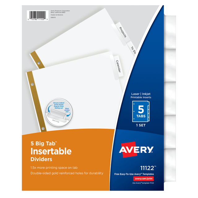 AVERY PRODUCTS CORPORATION 11122 Avery Big Tab Insertable Dividers Gold Reinforced Edge, White/Clear, 5-Tab AVERY PRODUCTS CORPORATION 11122 Avery Big Tab Insertable Dividers Gold Reinforced Edge, White/Clear, 5-Tab