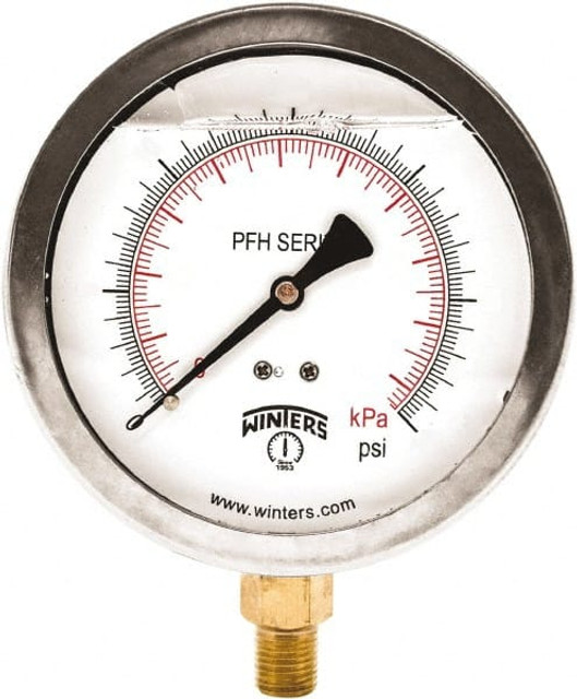 Winters PFH1250R1DRY Pressure Gauge: 4" Dial, 1/2" Thread, NPT, Bottom Mount