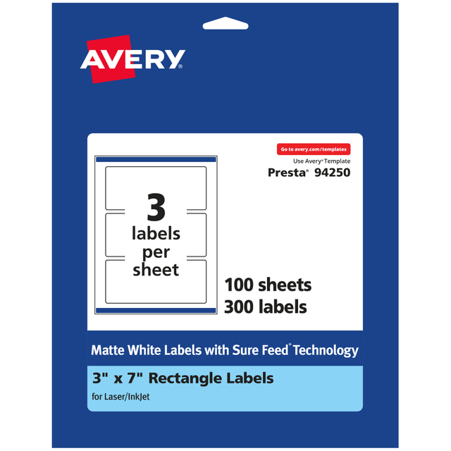 AVERY PRODUCTS CORPORATION 94250-WMP100 Avery Permanent Labels With Sure Feed, 94250-WMP100, Rectangle, 3in x 7in, White, Pack Of 300 AVERY PRODUCTS CORPORATION 94250-WMP100 Avery Permanent Labels With Sure Feed, 94250-WMP100, Rectangle, 3in x 7in, White, Pack Of 300