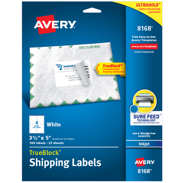 AVERY PRODUCTS CORPORATION 8168 Avery TrueBlock Shipping Labels With Sure Feed Technology, 8168, Rectangle, 3-1/2in x 5in, White, Pack Of 100 AVERY PRODUCTS CORPORATION 8168 Avery TrueBlock Shipping Labels With Sure Feed Technology, 8168, Rectangle, 3-1/2in x 5in, White, Pack Of 100