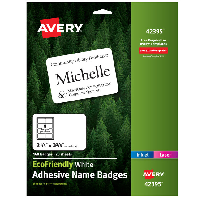 AVERY PRODUCTS CORPORATION Avery 42395  EcoFriendly 100% Recycled Name Badges, 2 1/3in x 3 3/8in, White, Pack Of 160