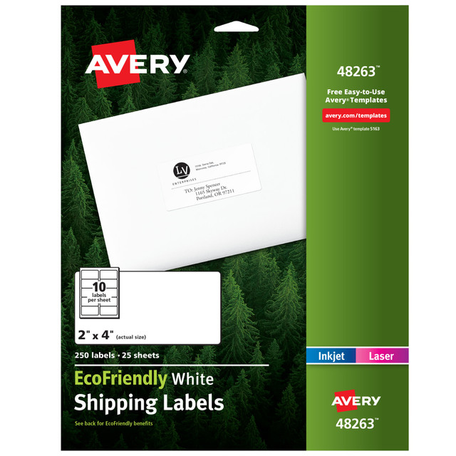 AVERY PRODUCTS CORPORATION 48263 Avery EcoFriendly Permanent Shipping Labels, 48263, 100% Recycled, 2in x 4in, White, Pack Of 250 AVERY PRODUCTS CORPORATION 48263 Avery EcoFriendly Permanent Shipping Labels, 48263, 100% Recycled, 2in x 4in, White, Pack Of 250