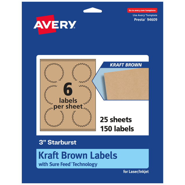 AVERY PRODUCTS CORPORATION 94609-KMP25 Avery Kraft Permanent Labels With Sure Feed, 94609-KMP25, Starburst, 3in, Brown, Pack Of 150 AVERY PRODUCTS CORPORATION 94609-KMP25 Avery Kraft Permanent Labels With Sure Feed, 94609-KMP25, Starburst, 3in, Brown, Pack Of 150