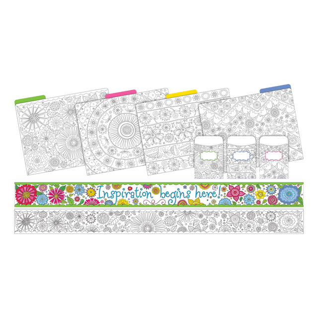 Add this decorative set to your classroom to make a fun and exciting learning environment. The set comes with 12 letter-size file folders, 30 peel-and-stick library pockets and 35ft of double-sided border.  Includes 35ft of border, 12 file folders and 30 library pockets.  Border is double sided to allow changes based on your lessons.  File folders are designed to house letter-size documents.  Peel-and-stick pockets can be attached to walls, cabinets and bulletin boards.