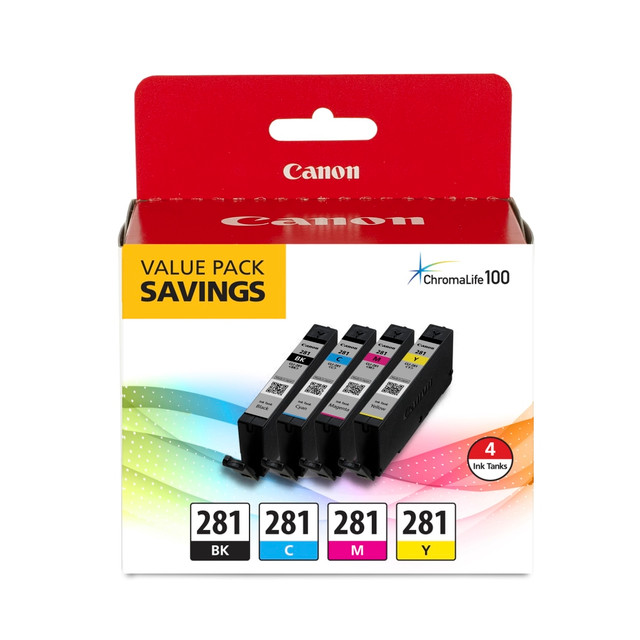 CANON USA, INC. 2091C005 Canon CLI-281 ChromaLife 100+ Black And Cyan, Magenta, Yellow Ink Tanks, Pack Of 4, 2091C005