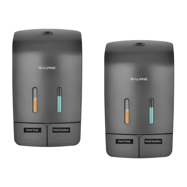ADIR CORP. ALP426-GRY-2PK Alpine Wall-Mounted Dual Soap/Hand Sanitizer Dispensers, 9-13/16inH x 5-3/4inW x 3-3/4inD, Gray, Pack Of 2 Dispensers ADIR CORP. ALP426-GRY-2PK Alpine Wall-Mounted Dual Soap/Hand Sanitizer Dispensers, 9-13/16inH x 5-3/4inW x 3-3/4inD, Gray, Pack Of 2 Dispensers