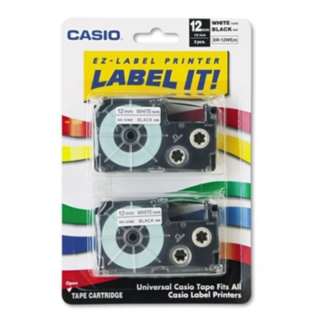 CASIO AMERICA, INC. XR12WE2S Casio XR1WE2S Black-On-White Tapes, 0.5in x 26ft, Pack Of 2