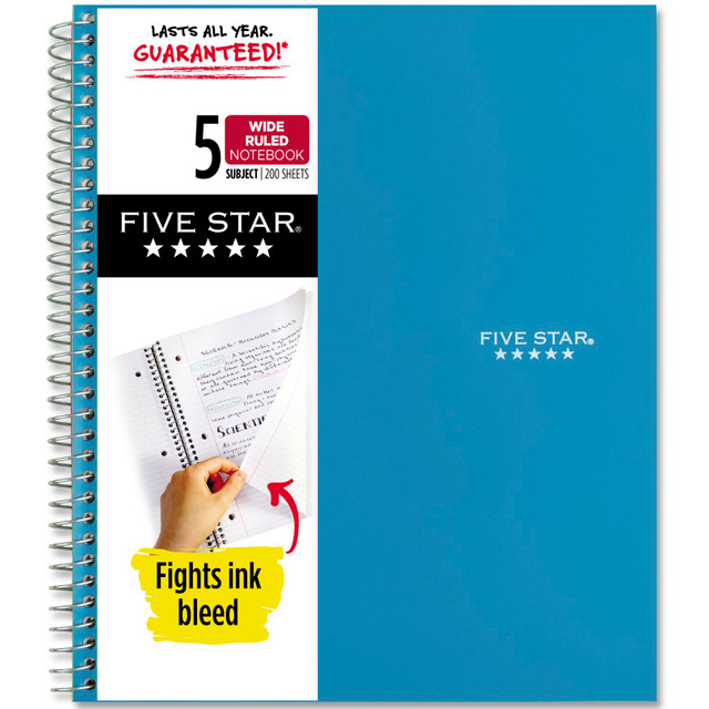 ACCO BRANDS USA, LLC 930012CG1-ECM Five Star Wirebound Notebook, 8in x 10-1/2in, 5 Subject, Wide Ruled, 200 Sheets, Tidewater Blue