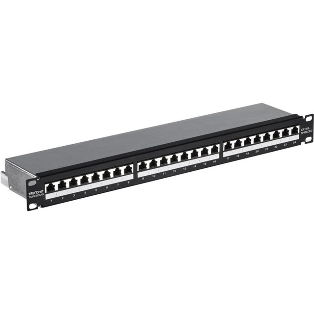 TRENDNET INC. TRENDnet TC-P24C6AS  24-Port Cat6A Shielded Patch Panel, 1U 19in Metal Housing, 10G Ready, Cat5e,Cat6,Cat6A Compatible, Cable Management, Color-Coded Labeling for T568A and T568B Wiring, Black, TC-P24C6AS - 24-Port Cat6a Shielded Patch 