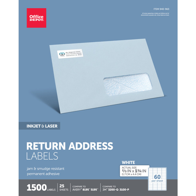 OFFICE DEPOT 505-O004-0015 Brand Inkjet/Laser Return Address Labels, Rectangle, 2/3in x 1 3/4in, White, Pack Of 1,500 OFFICE DEPOT 505-O004-0015 Brand Inkjet/Laser Return Address Labels, Rectangle, 2/3in x 1 3/4in, White, Pack Of 1,500