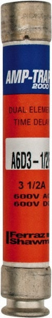 Ferraz Shawmut A6D3-1/2R Cylindrical Time Delay Fuse: RK1, 3.5 A, 127 mm OAL, 21 mm Dia