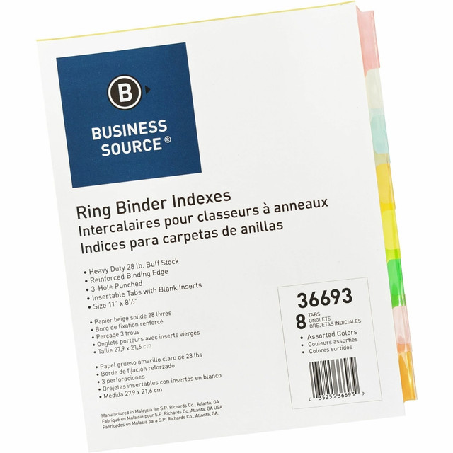 SP RICHARDS 36693 Business Source Insertable Tab Ring Binder Indexes, 8-1/2in x 11in, Multicolor, Set of 8 SP RICHARDS 36693 Business Source Insertable Tab Ring Binder Indexes, 8-1/2in x 11in, Multicolor, Set of 8