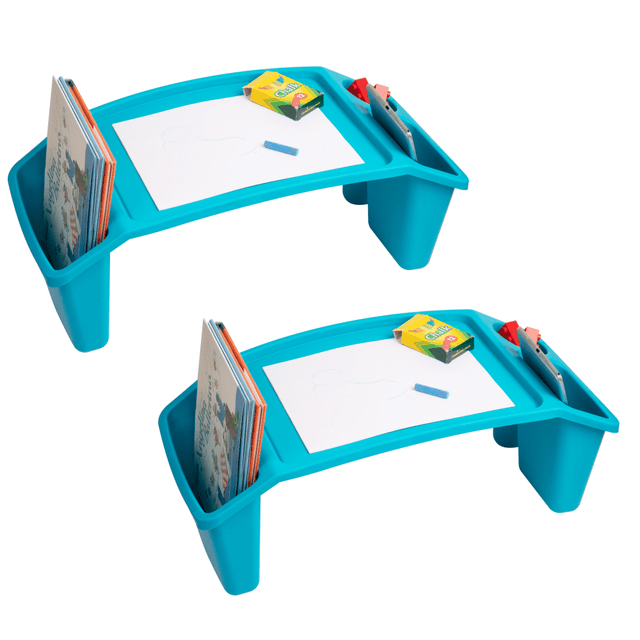 Introduce convenience and portability into your childs routine with this set of two portable lap desks. A versatile solution for kids who need a stable surface for various activities, from playing and drawing, to snacking or using a laptop or tablet. Ideal for use on the couch, bed, or floor, these lap desks can turn any place into a comfortable workstation, making them perfect for sick days, rainy days, or everyday use. Despite their robust construction, these lap desks are incredibly lightweight at just 1.2 lbs (0.07 kg), making them easy to move from room to room or take along on vacation. With three side pockets, they offer additional storage space for keeping essential items within reach during or after playtime.  Promotes good posture: Ensure your child maintains proper posture by using this portable tray, which elevates their items to a comfortable height, reducing the need to slouch over  Versatile functionality: Whether your child is enjoying a meal, engaging in creative activities like drawing, or focusing on homework, this portable desk with three pockets provides ample space to accommodate various needs  Easy to clean: The sturdy plastic lap desk features an easy-to-clean surface that can be quickly wiped clean with a damp cloth and mild dish detergent, making maintenance a breeze  Convenient storage: When not in use, this tray stacks neatly in a closet or storage space, maximizing space efficiency. Alternatively, you can keep it nearby to serve as a storage solution for small items  Optimal dimensions: With dimensions of 10.75 inches long x 22.25 inches wide x 8.5 inches tall (23.3 x 56.52 x 21.6 centimeters), this portable desk is designed to fit perfectly around your childs lap, providing a comfortable and functional workspace