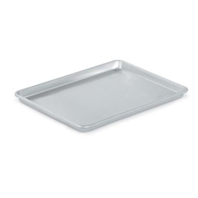 Bake a variety of meals and treats on the Vollrath 1/2 Size Wear-Ever 18-Gauge Aluminum Sheet Pan. The concave bottom promotes even heat distribution for even cooking times.  1/2 size pan for a variety of uses.  Impact-resistant, 18-gauge 3000 series aluminum construction.  Closed bead and reinforcement rod.  Concave bottom flattens during heating for even heat distribution.  Tapered design for easy stacking.