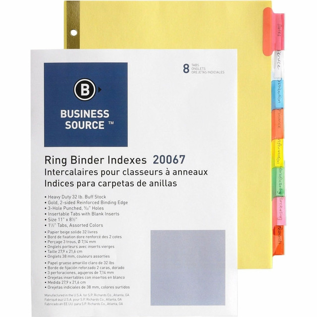 SP RICHARDS 20067 Business Source Reinforced Insertable Tab Indexes - 8 x Divider(s) - 8 Tab(s)/Set1.50in Tab Width - 8.5in Divider Width x 11in Divider Length - Letter - 3 Hole Punched - Buff Divider - Manila Tab(s) SP RICHARDS 20067 Business Source Reinforced Insertable Tab Indexes - 8 x Divider(s) - 8 Tab(s)/Set1.50in Tab Width - 8.5in Divider Width x 11in Divider Length - Letter - 3 Hole Punched - Buff Divider - Manila Tab(s)