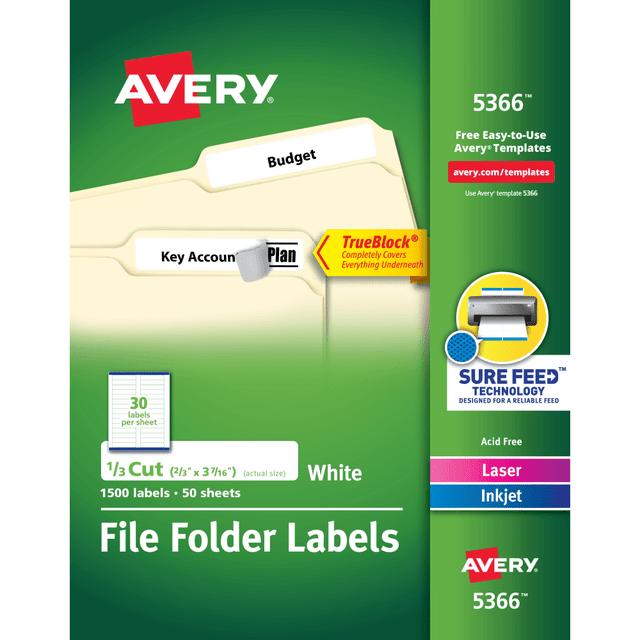 AVERY PRODUCTS CORPORATION 5366 Avery TrueBlock File Folder Labels With Sure Feed Technology, 5366, Rectangle, 2/3in x 3-7/16in, White, Pack Of 1,500 AVERY PRODUCTS CORPORATION 5366 Avery TrueBlock File Folder Labels With Sure Feed Technology, 5366, Rectangle, 2/3in x 3-7/16in, White, Pack Of 1,500