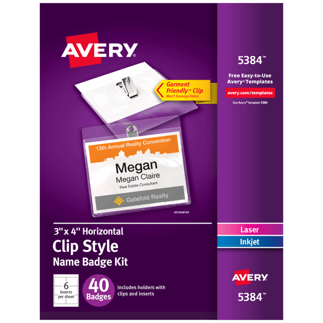 AVERY PRODUCTS CORPORATION 5384 Avery Customizable Name Badges With Clips, Rectangle, 5384, 3in x 4in, Clear Name Tag Holders With White Printable Inserts, Box Of 40