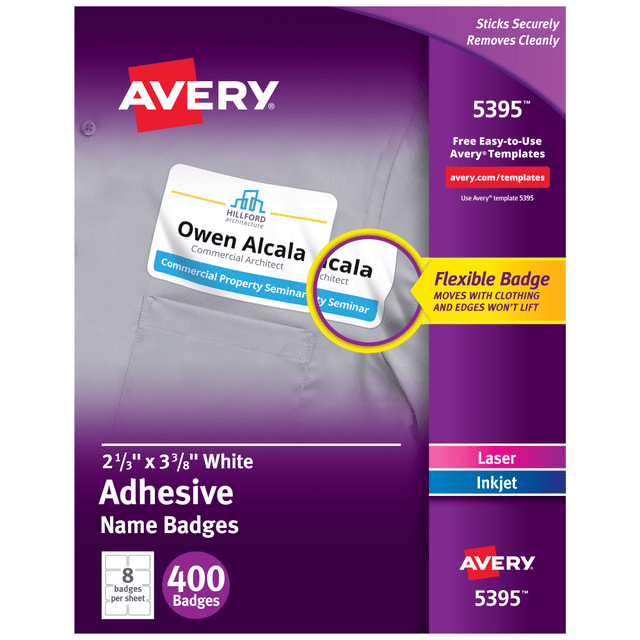 AVERY PRODUCTS CORPORATION 5395 Avery Flexible Name Badge Labels, 5395, 2 1/3in x 3 3/8in, White, Box Of 400