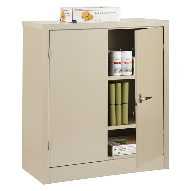 When functionality matters most, choose the Realspace steel storage cabinet. Organize books, craft materials and office supplies along the adjustable shelves, and keep it all secure with the door lock. This cabinet works well for a home, school or office space and complements most any decor with a sleek, metal design.  Solid steel construction.  2 adjustable shelves hold up to 100 lb each.  Locking doors.  Magnetic door catch.  Assembly required.  Cabinet with 2 adjustable shelves is 42in in height.  Stylish steel storage cabinet in putty.  BIFMA level 1 certified - reduced impact from multiple eco-attributes and/or social attributes. Ranked in three tiers: level 1, 2, or 3.  Less harsh chemicals - made with fewer harsh chemicals, or safer chemicals than typical alternatives, helping  reduce your use of and exposure to substances that may be more harmful to your health and the environment.