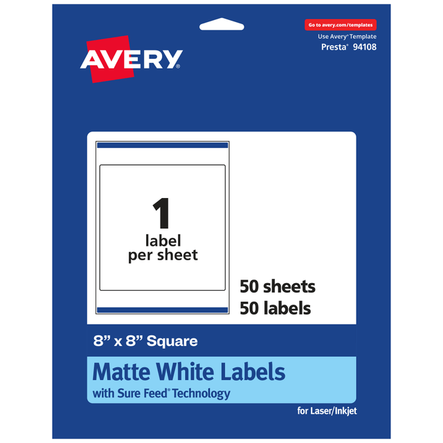 AVERY PRODUCTS CORPORATION 94108-WMP50 Avery Permanent Labels With Sure Feed, 94108-WMP50, Square, 8in x 8in, White, Pack Of 50 AVERY PRODUCTS CORPORATION 94108-WMP50 Avery Permanent Labels With Sure Feed, 94108-WMP50, Square, 8in x 8in, White, Pack Of 50