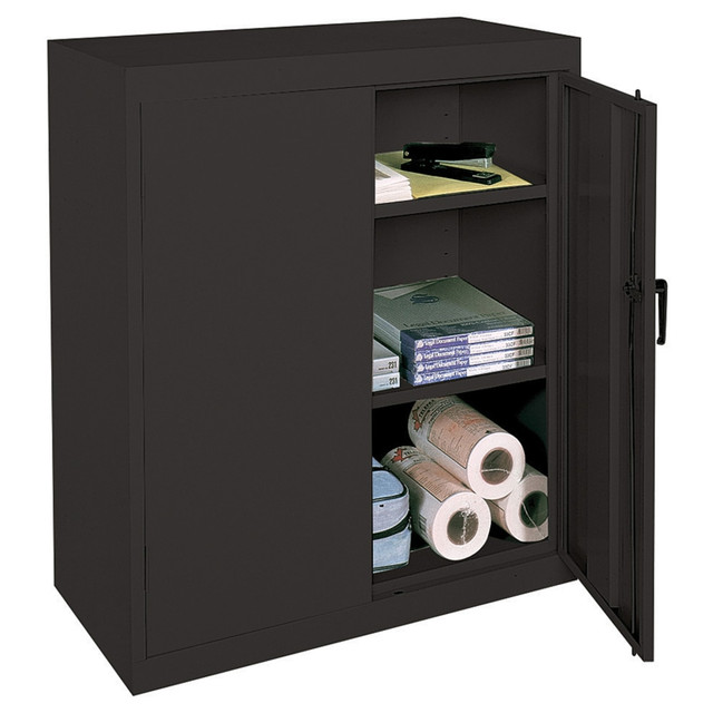 When functionality matters most, choose the Realspace steel storage cabinet. Organize books, craft materials and office supplies along the adjustable shelves, and keep it all secure with the door lock. This cabinet works well for a home, school or office space and complements most any decor with a sleek, metal design.  Solid steel construction.  2 adjustable shelves hold up to 100 lb each.  Locking doors.  Magnetic door catch.  Assembly required.  Cabinet with 2 adjustable shelves is 42in in height.  Sleek steel storage cabinet in black.  Eco-conscious choice - has one or more meaningful eco-attributes or eco-labels.  BIFMA level 1 certified - reduced impact from multiple eco-attributes and/or social attributes. Ranked in three tiers: level 1, 2, or 3.  This product is heavy and/or oversized and may need more than one person to handle.  Less harsh chemicals - made with fewer harsh chemicals, or safer chemicals than typical alternatives, helping  reduce your use of and exposure to substances that may be more harmful to your health and the environment.