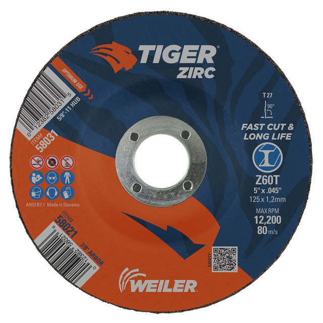 Weiler 58021 Depressed Center Wheel: Type 27, 5" Dia, 0.045" Thick, Zirconia Alumina