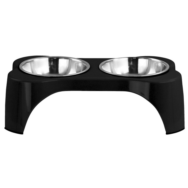 Keep your pet fed easily with the Gibson Home Bow Wow Meow 3-Piece Elevated Pet Bowl Dinner Set. With a durable stainless steel and melamine construction and removable bowls, its easy to refill this pet bowl dinner set.  Durable stainless steel and melamine construction.  Removable bowls for easy refill.  Non-slip grip base.  Bone-shaped design.  Dishwasher safe.  Set includes: 1 water bowl, 1 food bowl, 1 base stand.