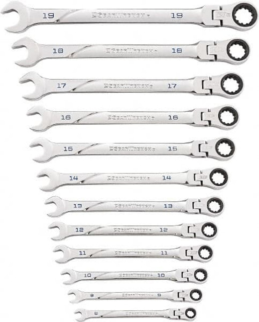 GEARWRENCH 86229 Ratcheting Flexhead Combination Wrench Set: 12 Pc, 10 mm 11 mm 12 mm 13 mm 14 mm 15 mm 16 mm 17 mm 18 mm 19 mm 8 mm & 9 mm Wrench, Metric
