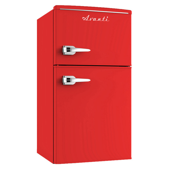 AVANTI PRODUCTS INC. RMRT30X5R-IS Avanti Retro Compact Refrigerator, 2-Door, 3 Cu Ft, 34inH x 20-1/2inW x 18inD, Red AVANTI PRODUCTS INC. RMRT30X5R-IS Avanti Retro Compact Refrigerator, 2-Door, 3 Cu Ft, 34inH x 20-1/2inW x 18inD, Red